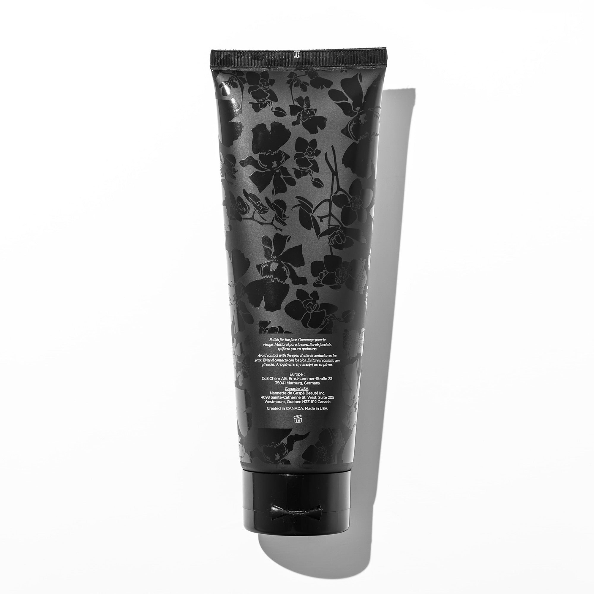 Essence Noir Polish back of tube showing label details on luxury triple-action face polish