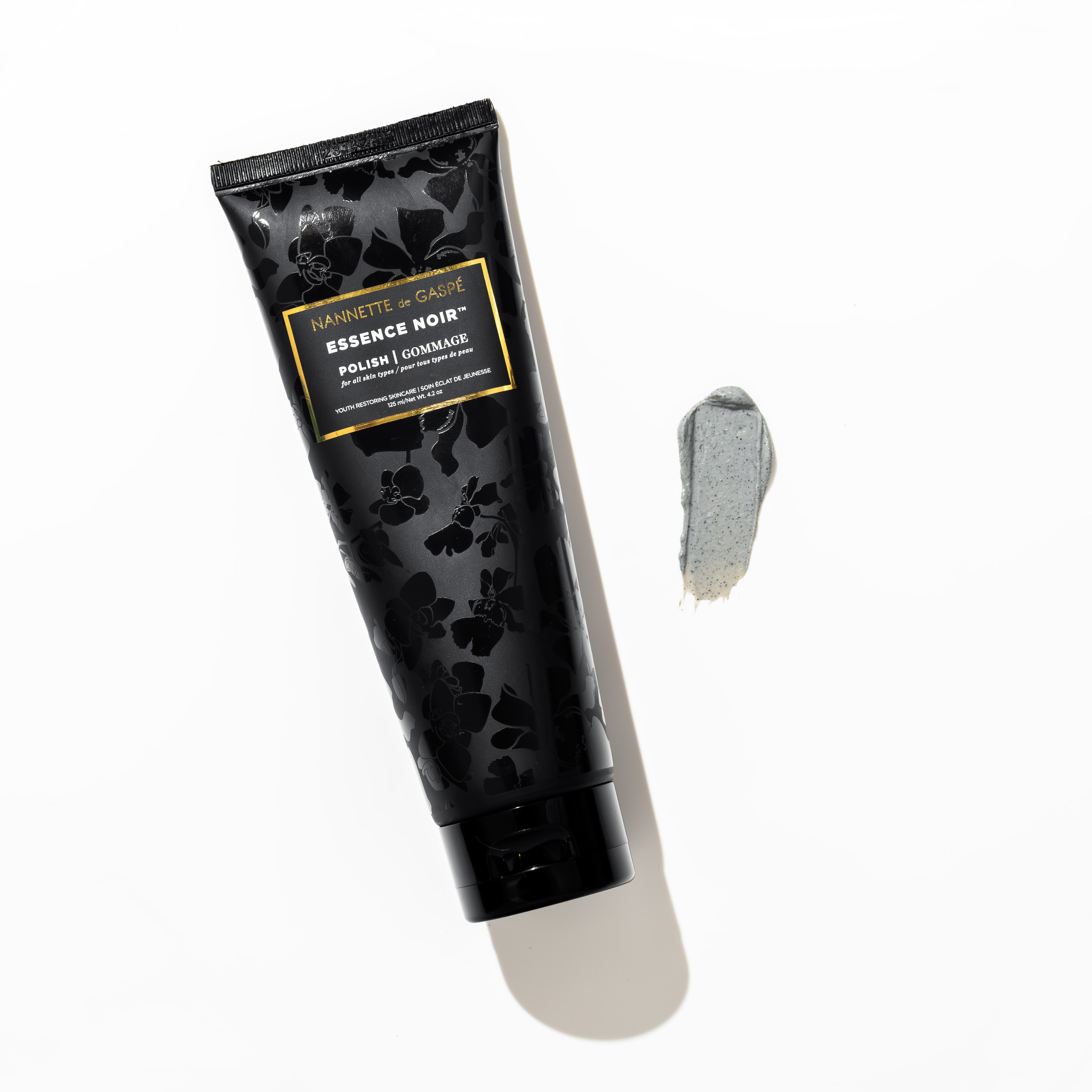 Essence Noir Polish tube with grey polish swatch; physical, chemical, and enzymatic exfoliation