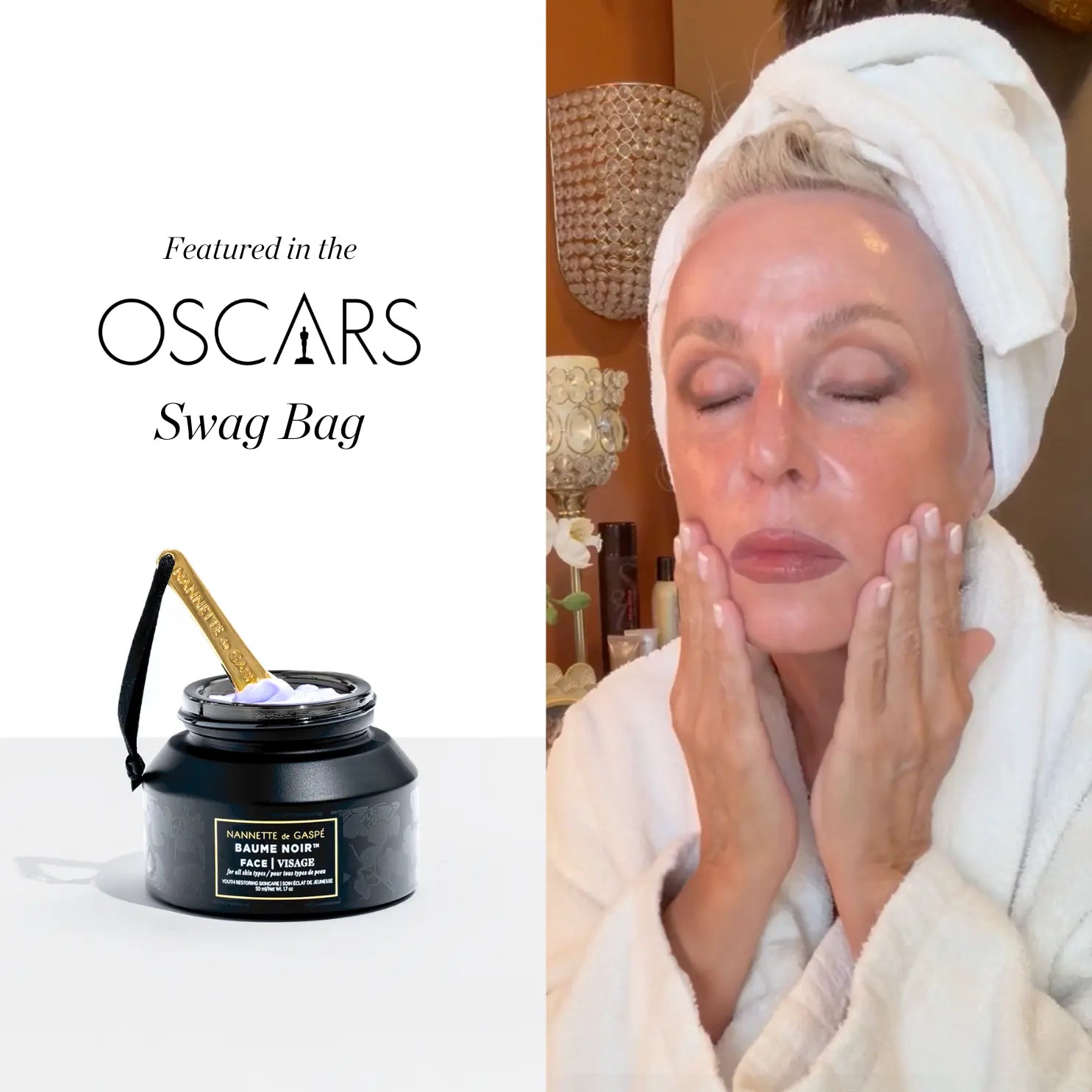 Woman applying cream to her face with a jar of cream and text about Oscars Swag Bag on the left.